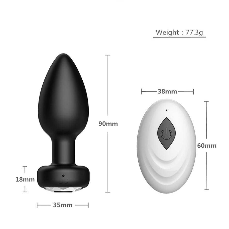 Small black anal plug with remote control, perfect for beginners with 10 vibration modes, waterproof and rechargeable, made from safe silicone material.