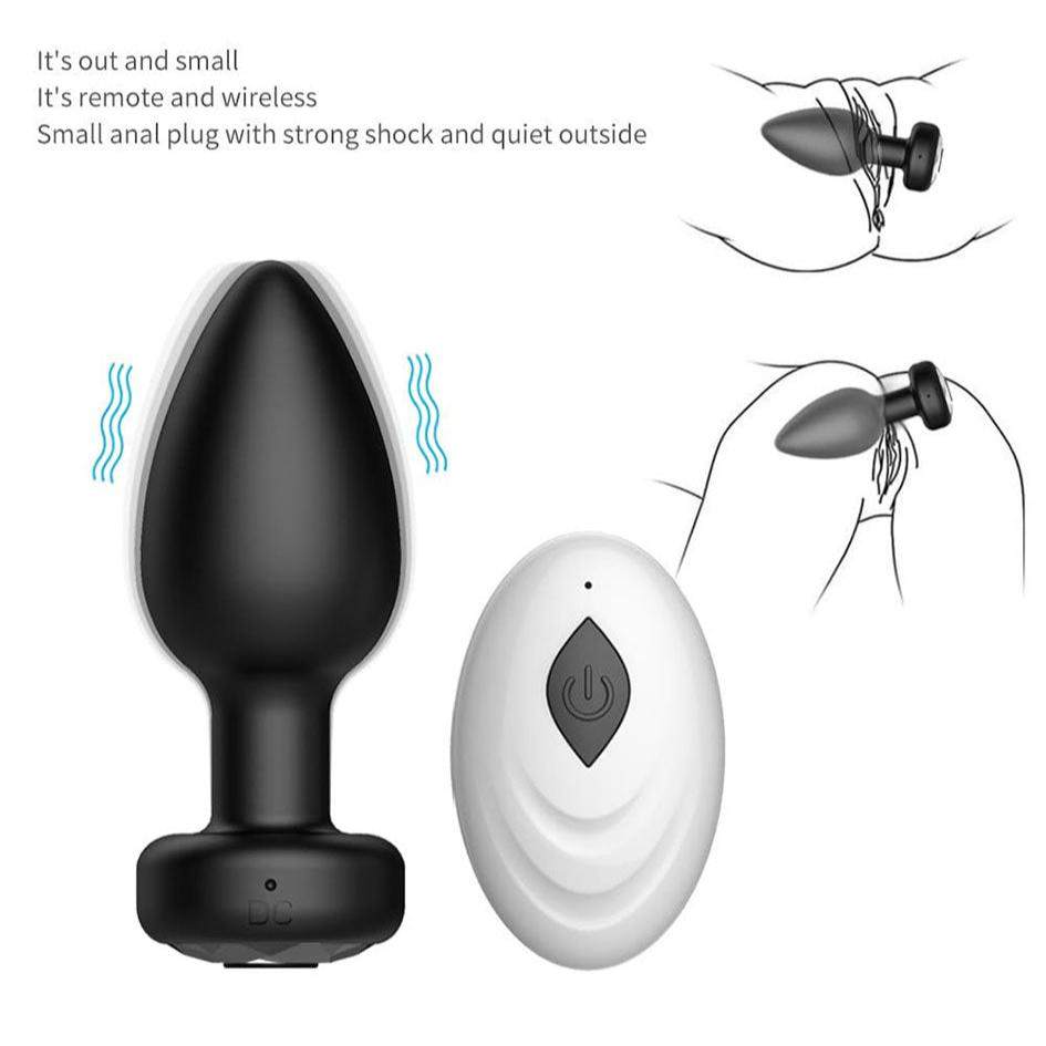 Small black anal plug with remote control, featuring strong vibrations and quiet operation; ideal for beginners and couples.
