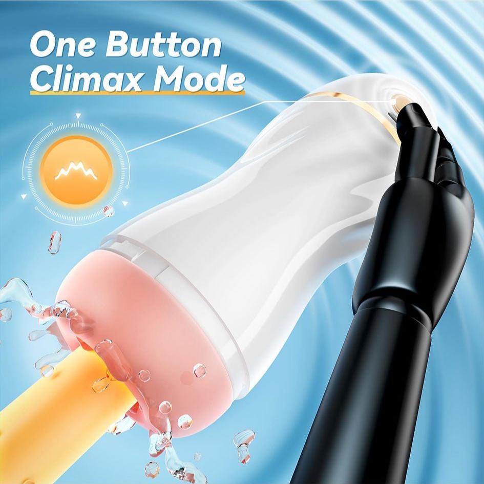 Automatic sucking male masturbator with 7 vibration modes, premium TPE material, and one-button climax mode.