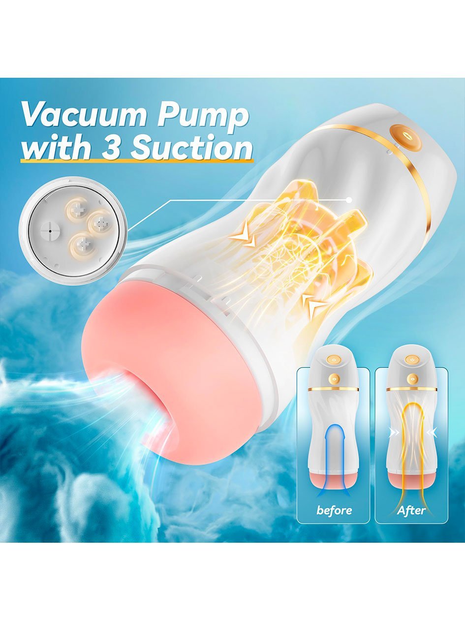 Automatic sucking male masturbator with vacuum pump, 3 suction modes, and premium TPE material.