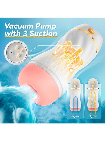 Automatic sucking male masturbator with vacuum pump, 3 suction modes, and premium TPE material.