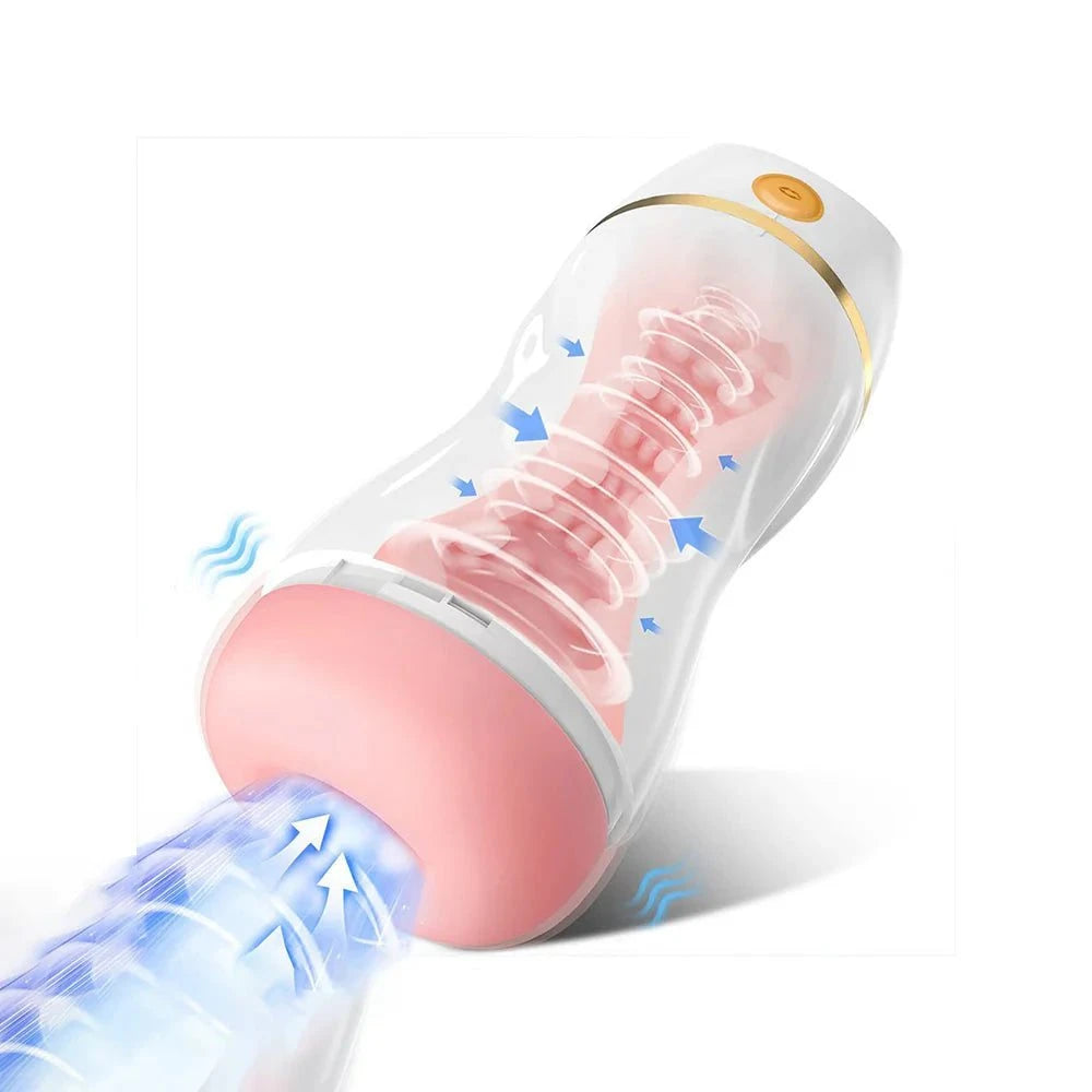 Automatic male masturbator with 7 vibration and 3 suction modes, made from soft TPE material.