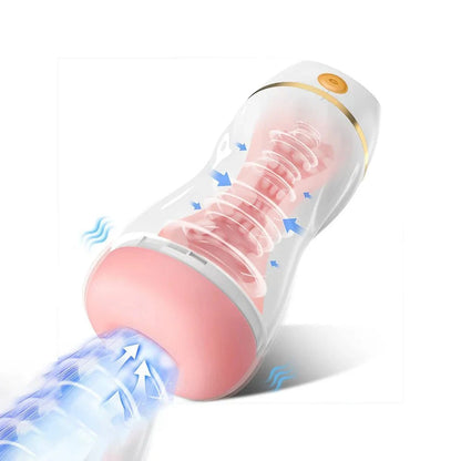 Automatic male masturbator with 7 vibration and 3 suction modes, made from soft TPE material.