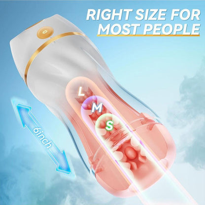 Automatic Sucking Male Masturbator with 7 Vibration and 3 Suction Modes, crafted from premium TPE material, shown with internal features and sizing.