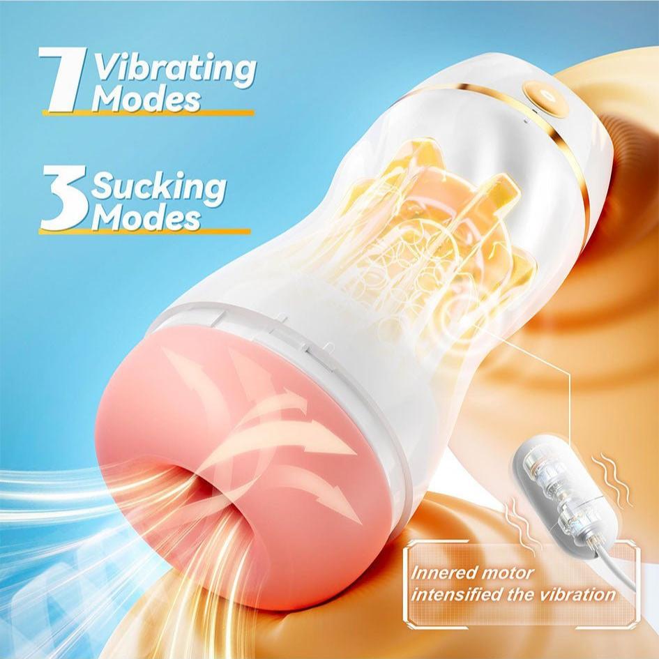 Automatic male masturbator with 7 vibration and 3 suction modes, features premium TPE for realistic sensations.