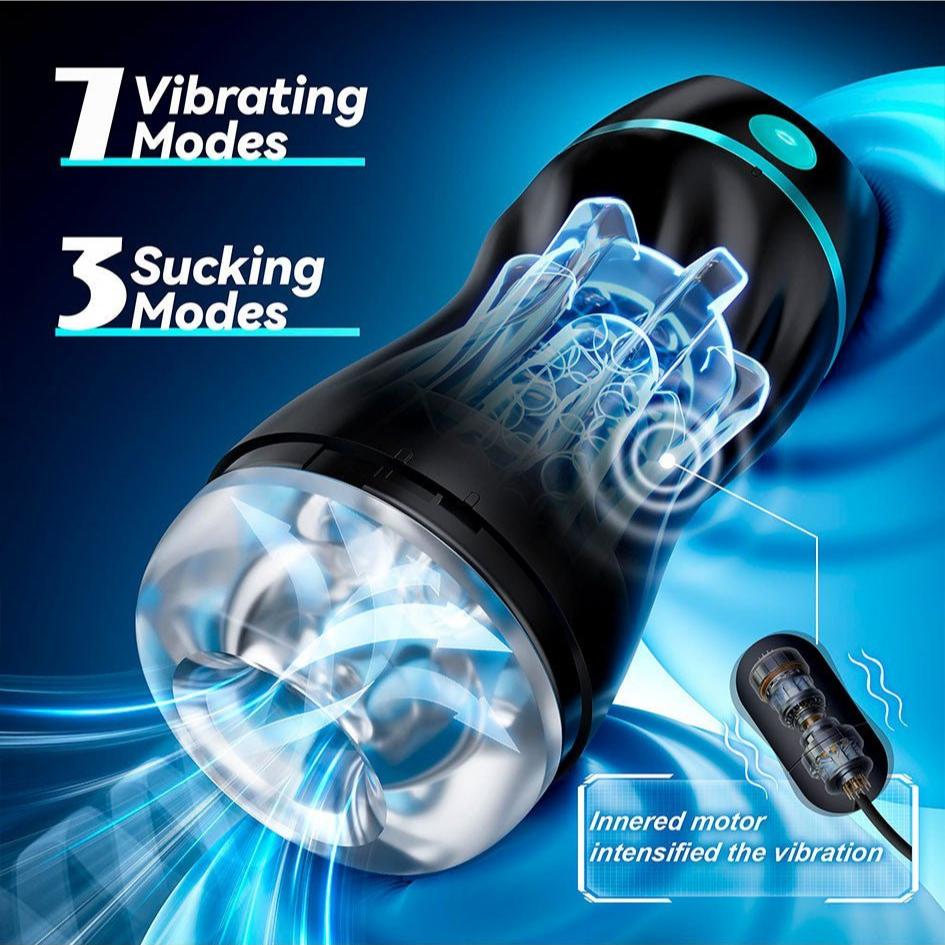 Automatic male masturbator with 7 vibration modes and 3 suction modes, featuring premium TPE material.