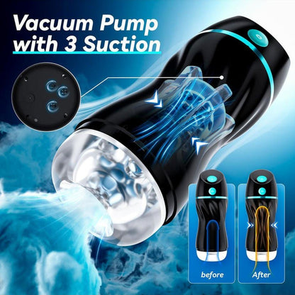 Automatic male masturbator with 7 vibration and 3 suction modes, premium TPE material.