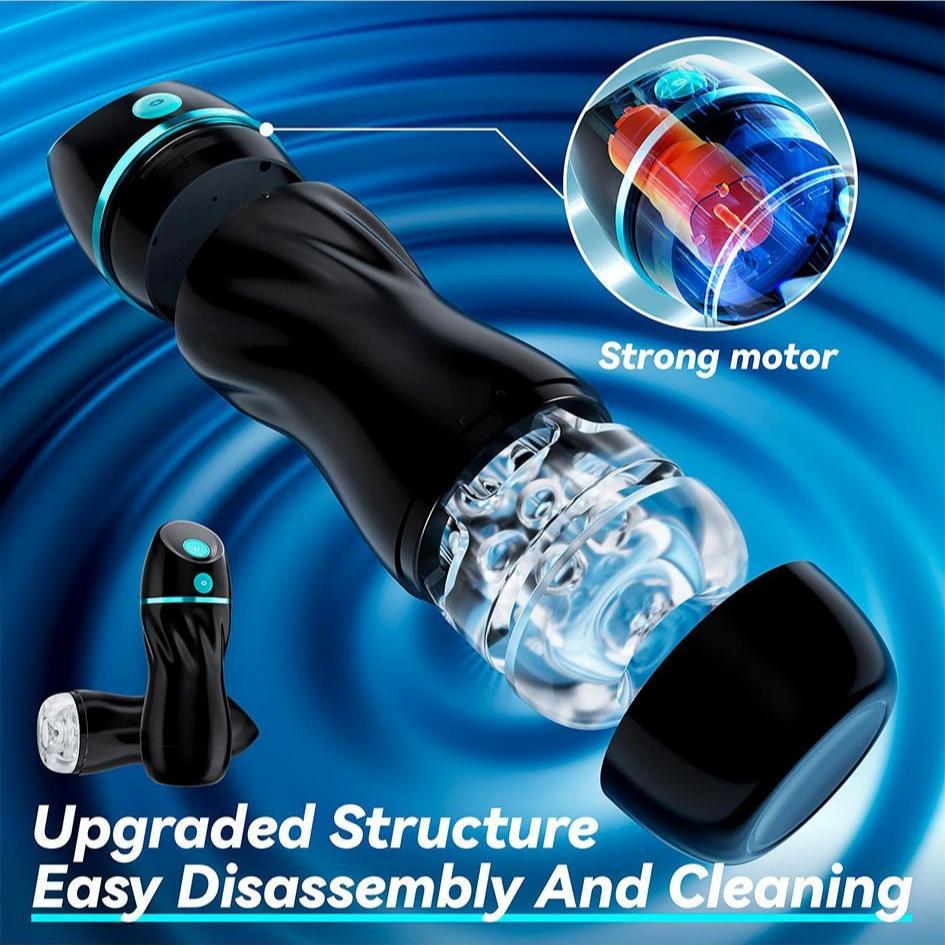 Automatic sucking male masturbator with 7 vibration and 3 suction modes, featuring a strong motor and easy disassembly for cleaning.