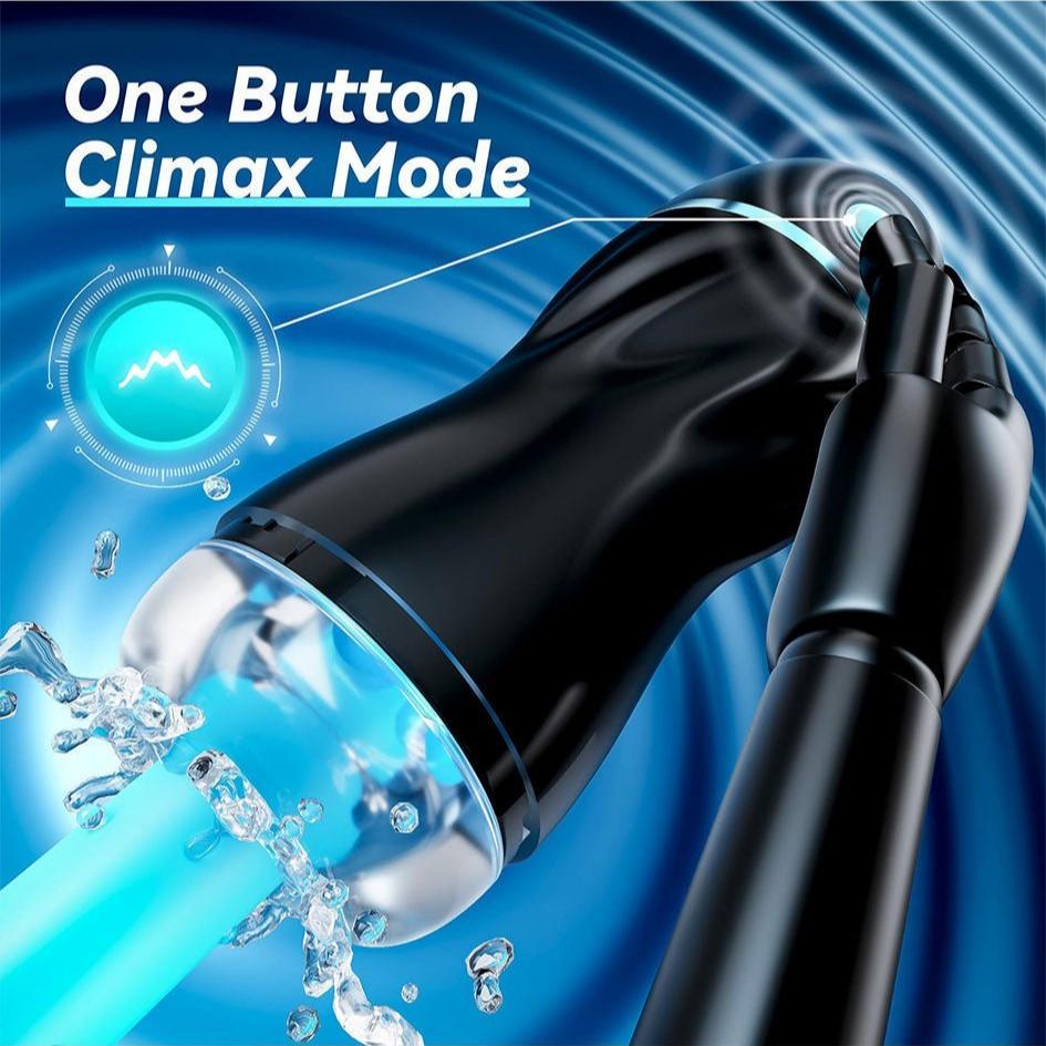 Automatic male masturbator with 7 vibration modes, 3 suction modes, and one-button climax feature.