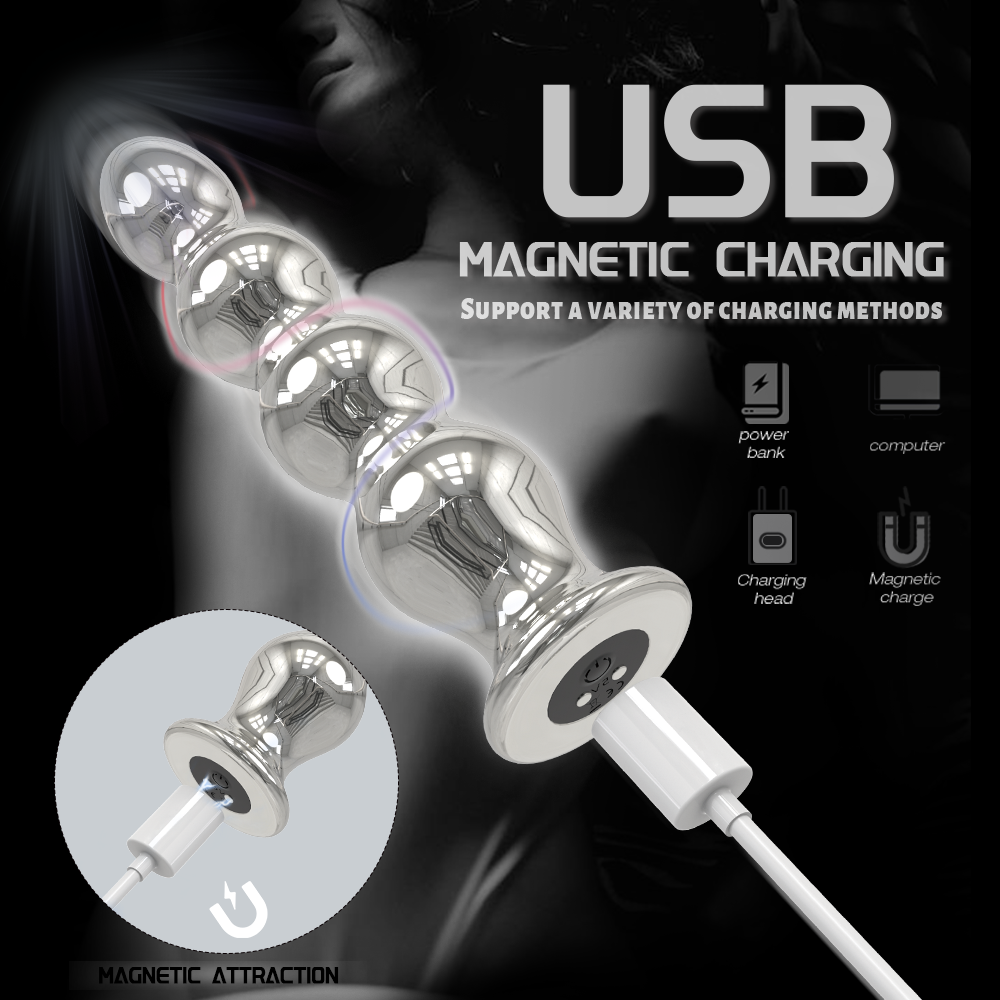 Butt plug sex anal toy with silicone bead and metallic acrylic balls, featuring USB magnetic charging.