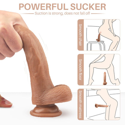 Realistic dildo pump with suction and vibration features for versatile use.