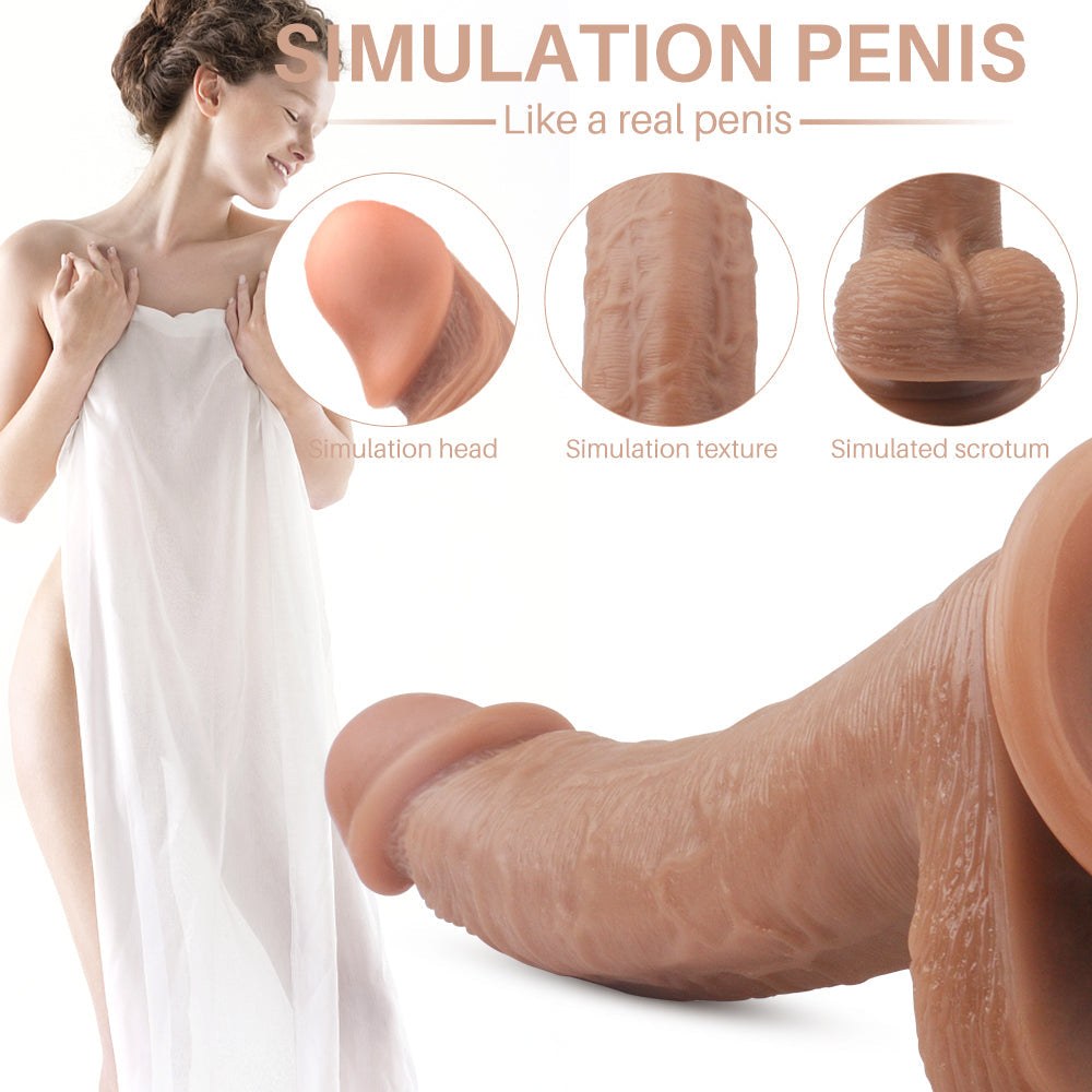 Realistic dildo pump with bendable shaft and harness compatibility.