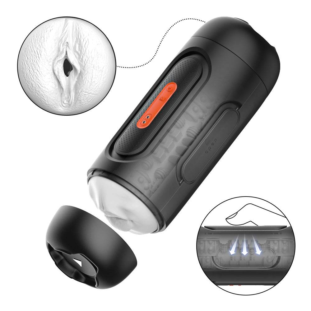 Suction vibrating male masturbator with multiple motors, speaker-shaped design, and manual squeeze control.