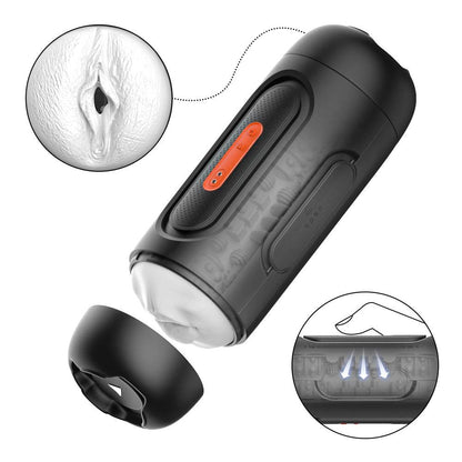 Suction vibrating male masturbator with multiple motors, speaker-shaped design, and manual squeeze control.