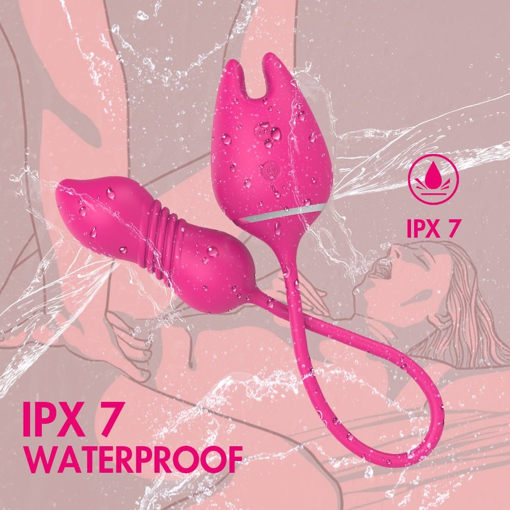 Rechargeable Vibrating Dual Stimulator Egg with expandable vibrations, IPX7 waterproof design.