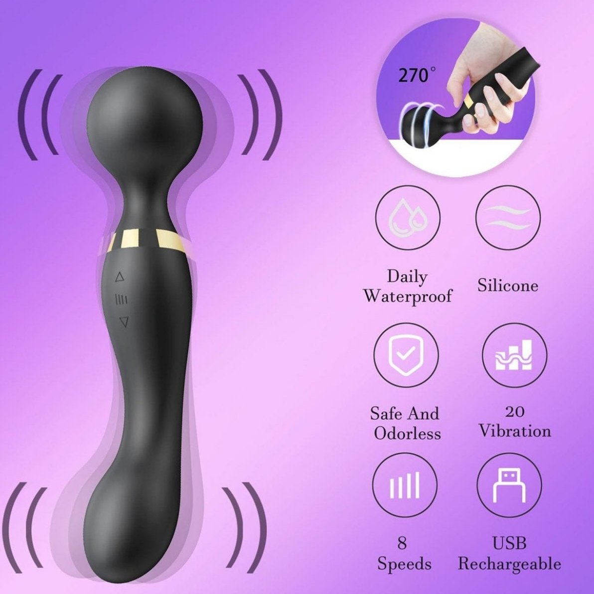 Double head vibrator wand with 20 modes, 8 speeds, waterproof silicone, and USB rechargeable design for targeted clit stimulation.