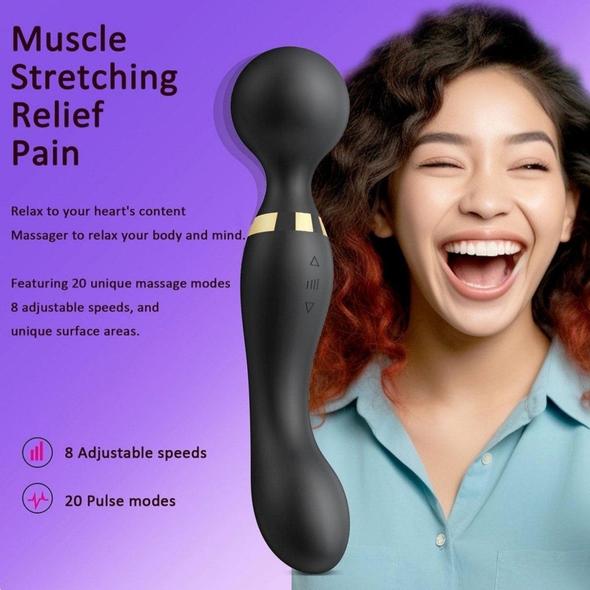 Double head vibrator wand with 20 modes, 8 speeds, and clit stimulator for targeted pleasure and travel-friendly use.
