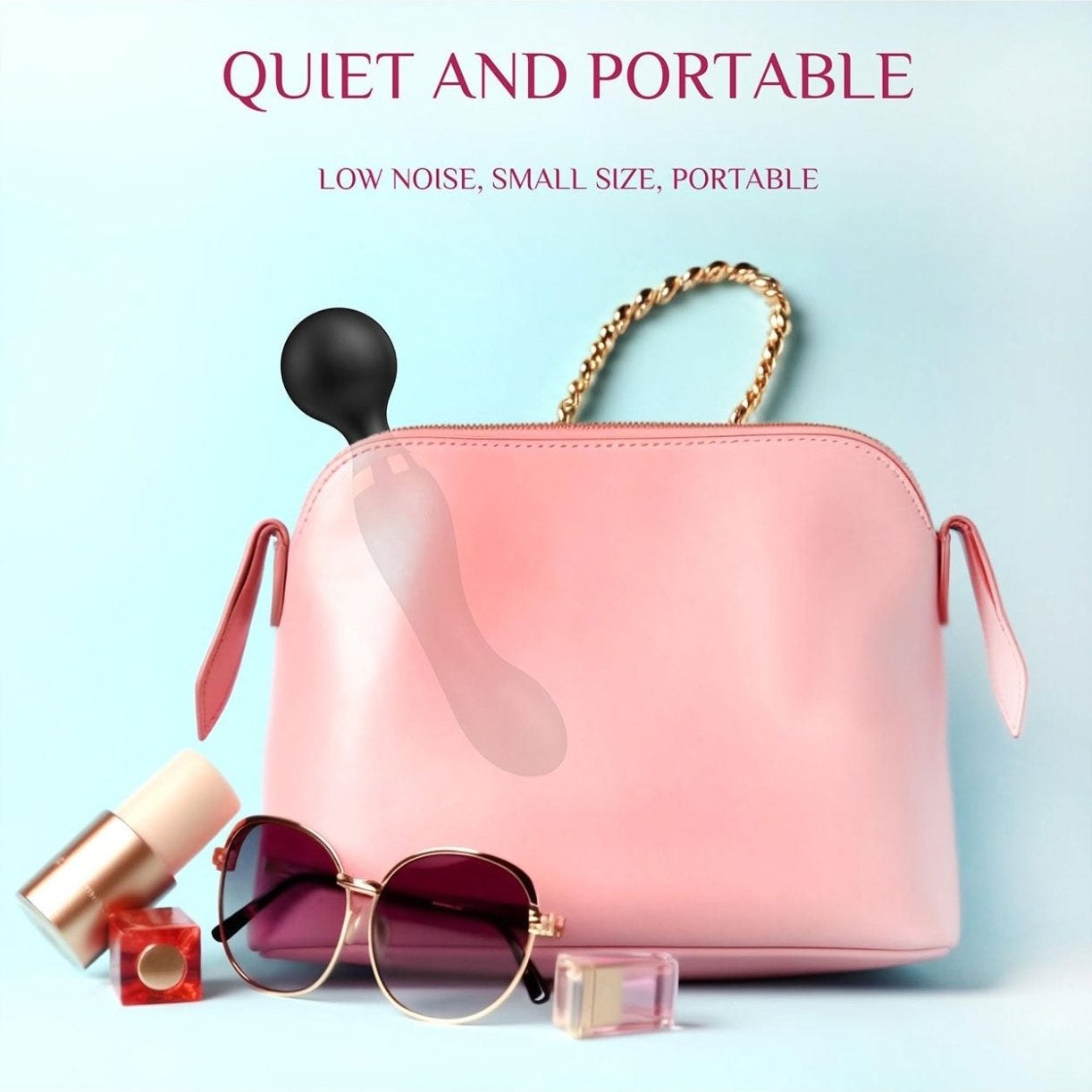 Quiet and portable double head vibrator wand with clit stimulator next to pink handbag and accessories.