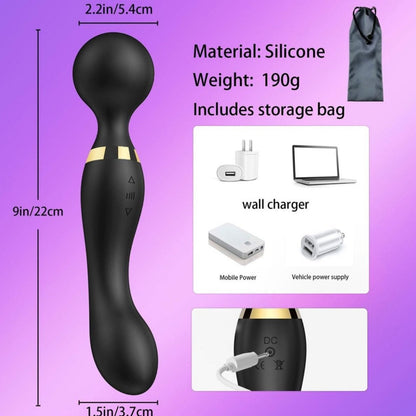 Double head vibrator wand with silicone material, includes storage bag and wall charger.