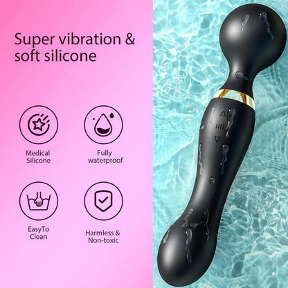 Double head vibrator wand with soft silicone, waterproof design, and multiple vibration modes.