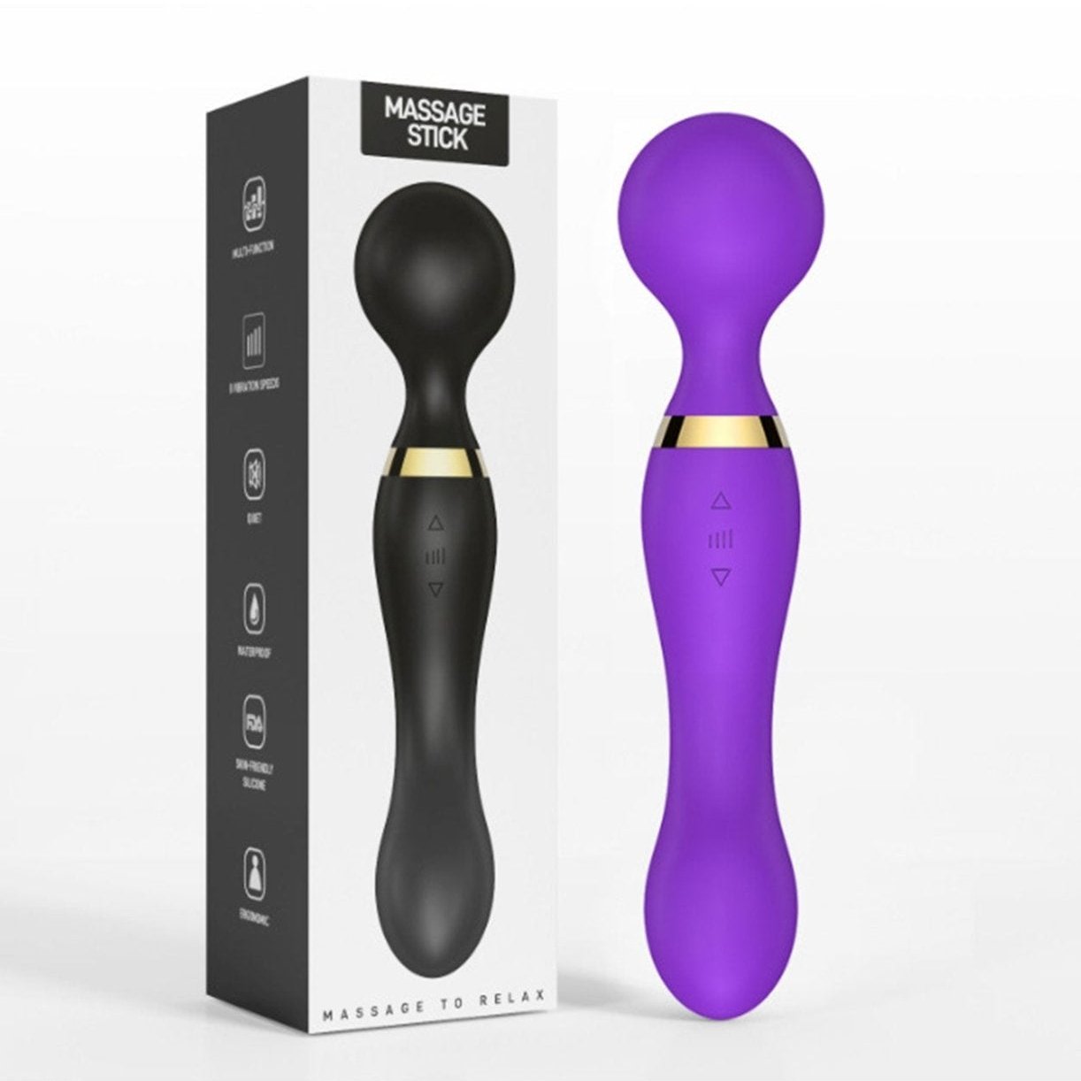 Double head vibrator wand and packaging, purple and black design, clit stimulator, intense pleasure, waterproof.