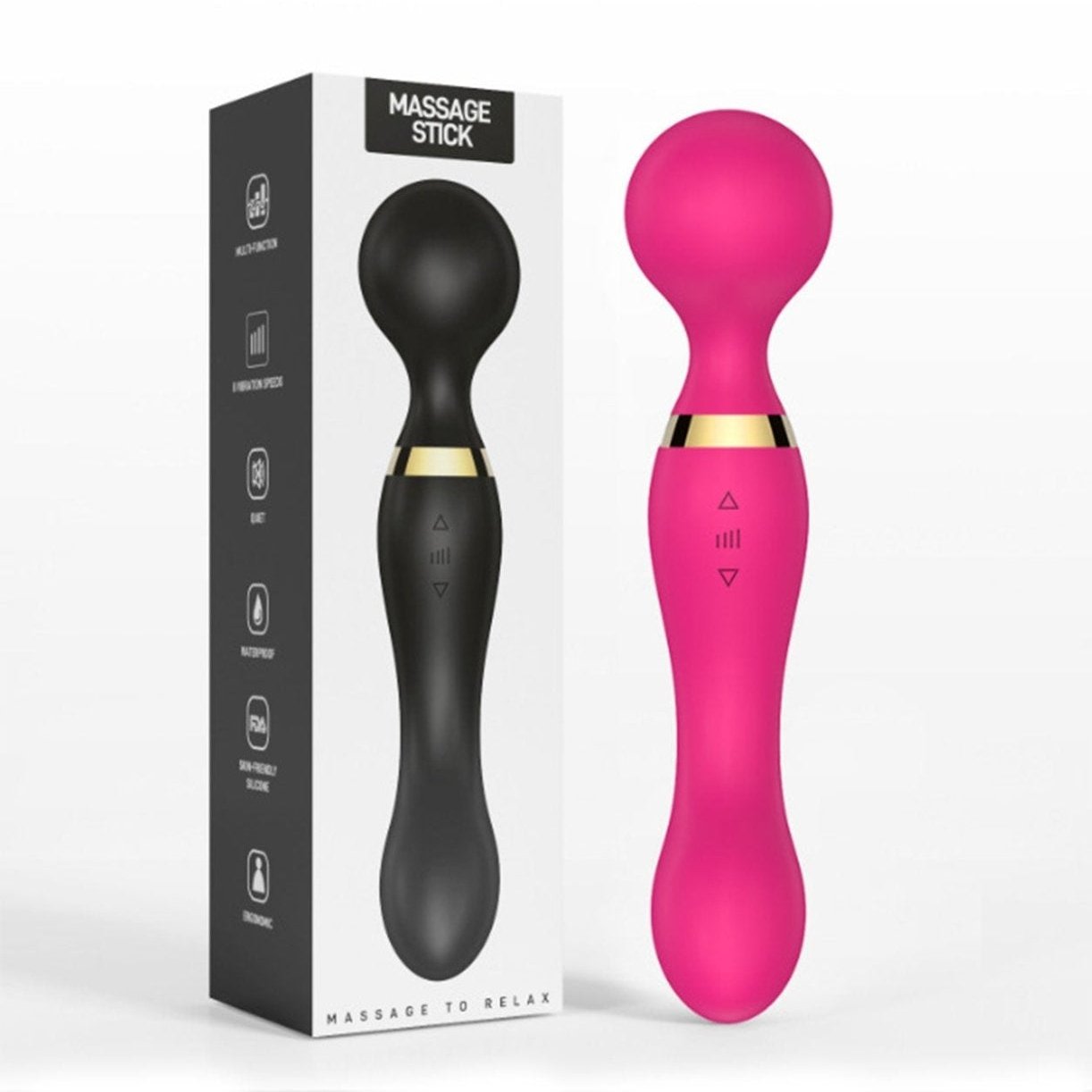 Double head vibrator wand with packaging, featuring pink design, offers 20 modes, 8 speeds for targeted pleasure, portable and waterproof.