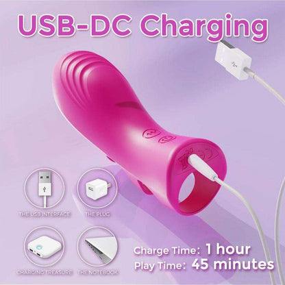 Pink finger vibrator with USB-DC charging, textured design, and portable size for adult pleasure.