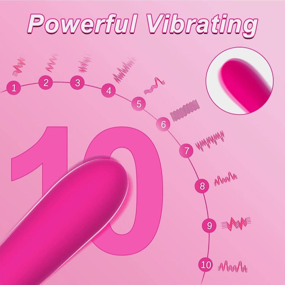 Powerful vibrating G-spot vibrator dildo with 10 dynamic modes, shown on a pink background.