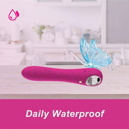 G Spot Vibrator Dildo with 10 Vibration Modes; waterproof and rechargeable design on display with a splash effect.