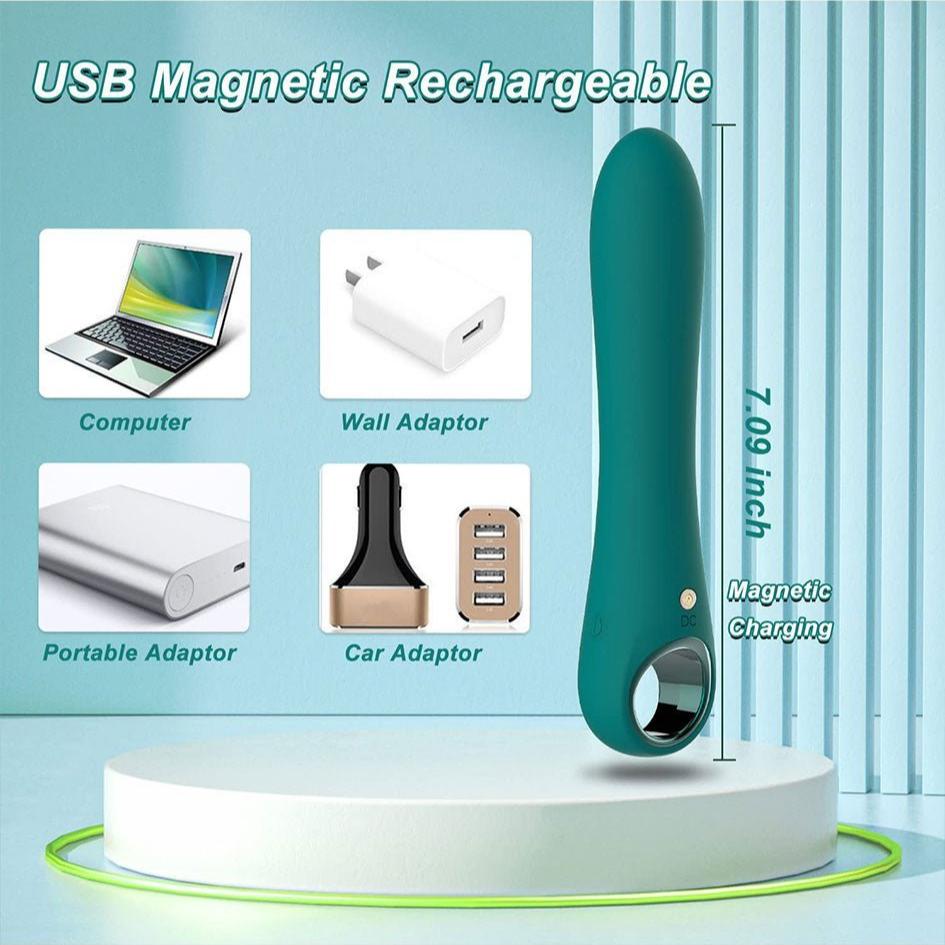 USB rechargeable G Spot vibrator dildo with magnetic charging, shown with compatible devices.
