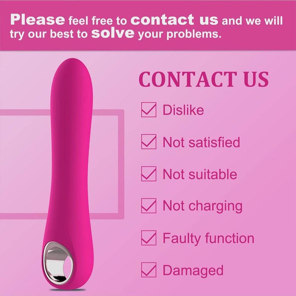 G Spot Vibrator Dildo with contact details for customer support, ergonomic design and discreet packaging.