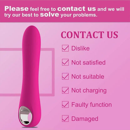G Spot Vibrator Dildo with contact details for customer support, ergonomic design and discreet packaging.