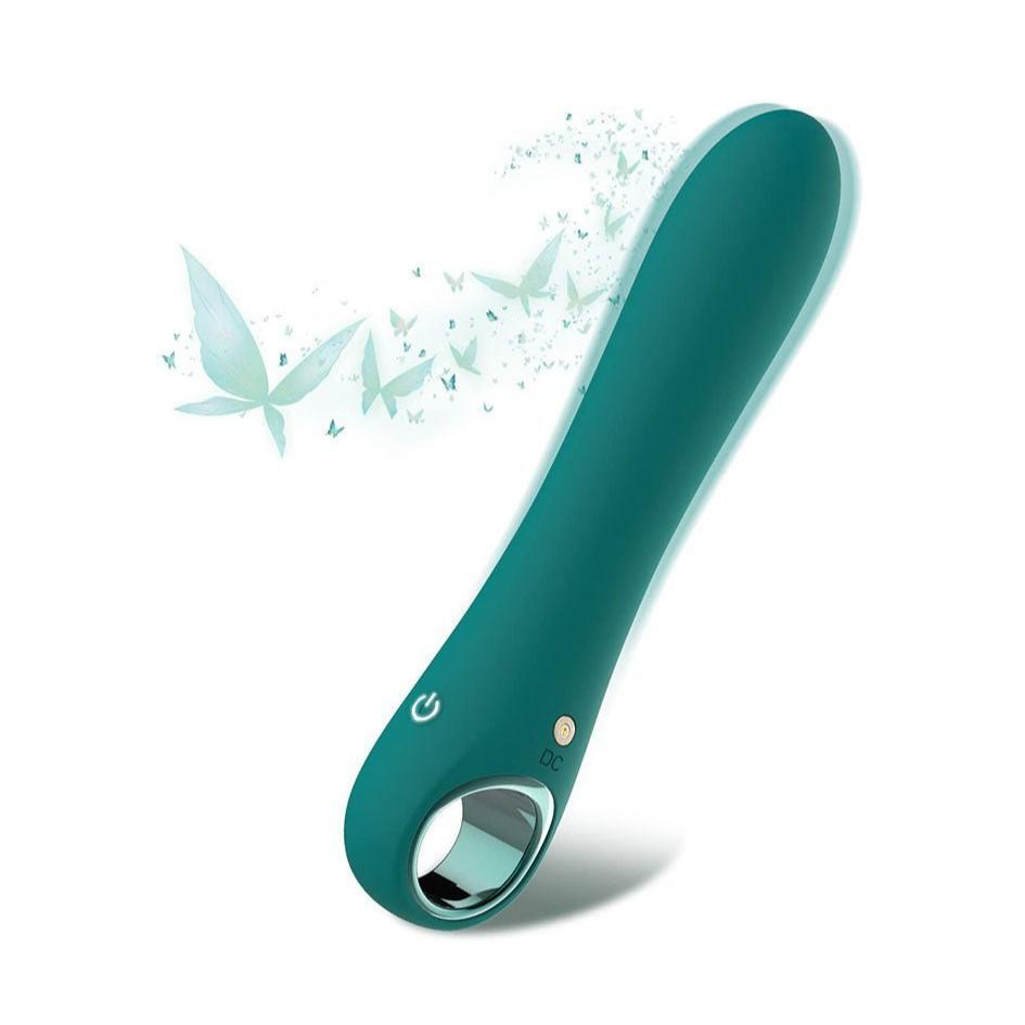 G Spot Vibrator Dildo with 10 Vibration Modes, green ergonomic design, body-safe silicone, portable and rechargeable.