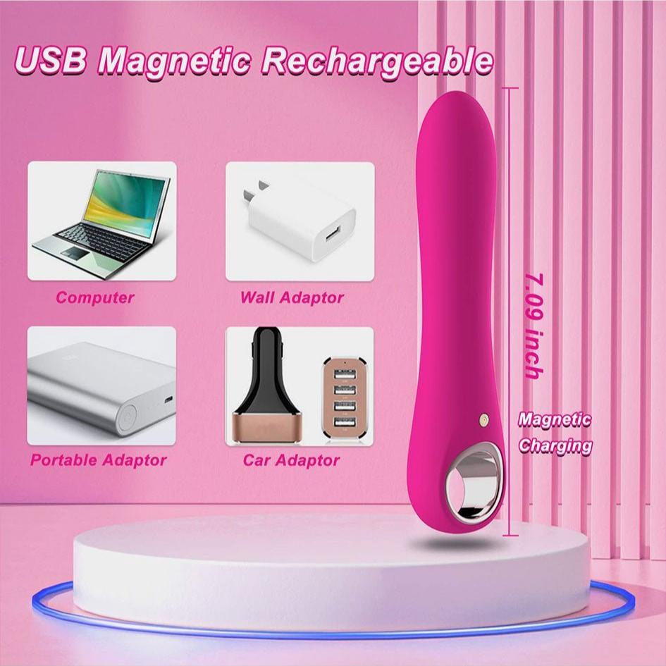 USB rechargeable G Spot Vibrator Dildo with pink design and magnetic charging feature.