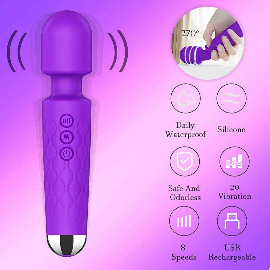 Purple Knight vibrator with 20 vibration modes and 8 speeds, featuring daily waterproofing, safe silicone, and USB rechargeability.