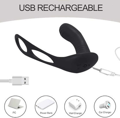 USB rechargeable male prostate massage device with Bluetooth app compatibility, featuring a sleek black ergonomic design for triple stimulation and multiple vibration modes.