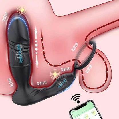 Male thrusting prostate massager with Bluetooth app control and ergonomic design.