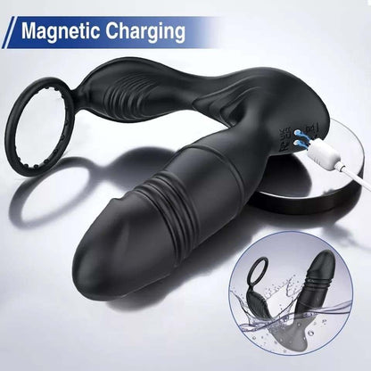 Male thrusting prostate massager with Bluetooth app control, featuring magnetic charging and waterproof design.