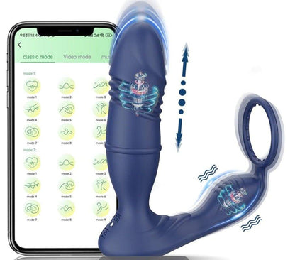 Male thrusting prostate massager with Bluetooth app control next to smartphone screen displaying vibration modes.