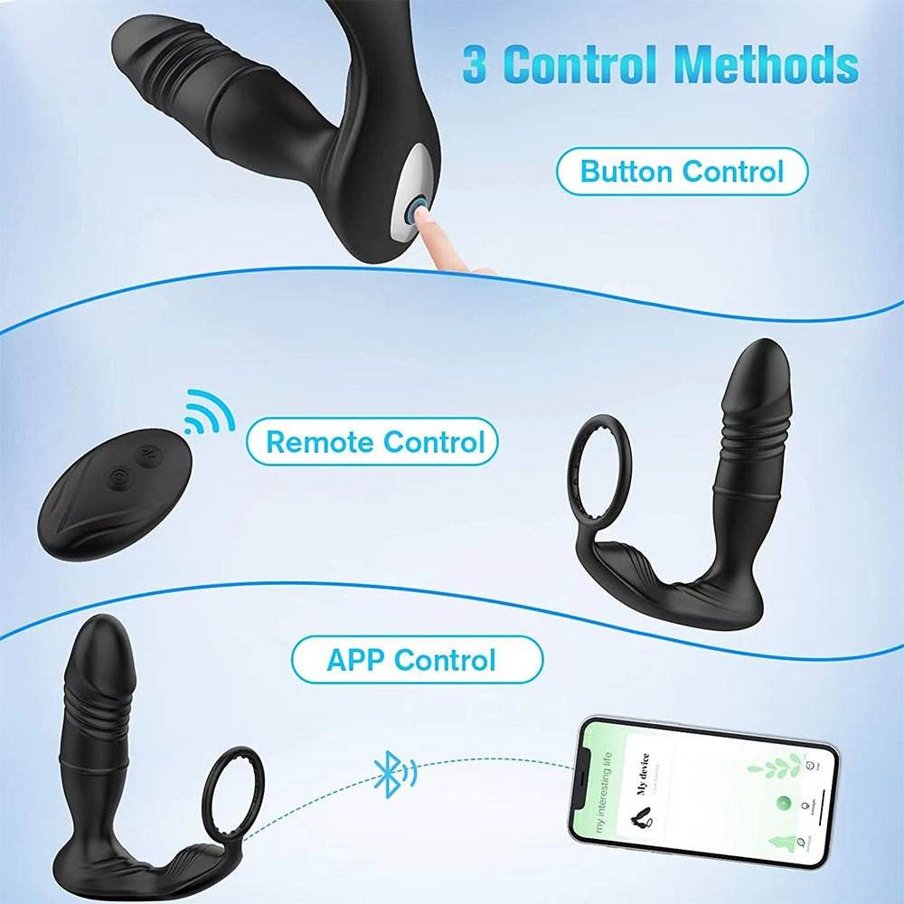 Male thrusting prostate massager with Bluetooth app control featuring button, remote, and app control methods.
